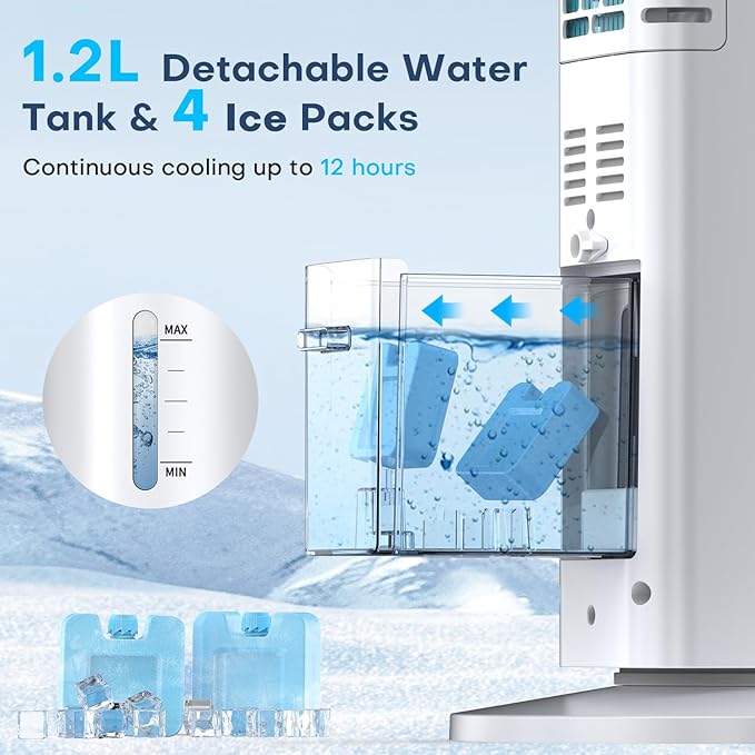MYICY Evaporative Air Cooler, 35" Windowless Air Conditioner Portable w/3 Speeds, 25ft Remote, Smart Timer & Water Tank, Portable Air Conditioners No Windows Needed, 90°Oscillating AC Unit for Room