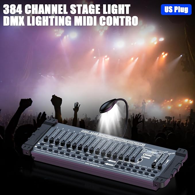 Wiwreenm DJ Controller 384CH Fog DMX-512 DJ Controller Support 30 Banks 8 Scenes 24 fixtures Stage Lighting Console for Program Editing of DJ Lights Show Bar Club Live