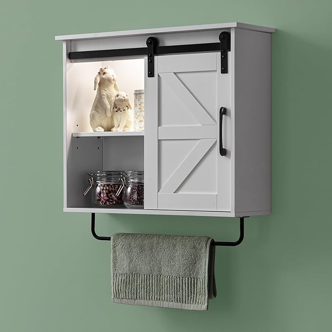 Bathroom Wall Cabinet Over Toilet Sliding Door 23x19 Inch Farmhouse Medicine Cabinet with Towel Bar Motion Sensor Light Adjustable Shelves White Above Toilet Storage for Laundry or Kitchen