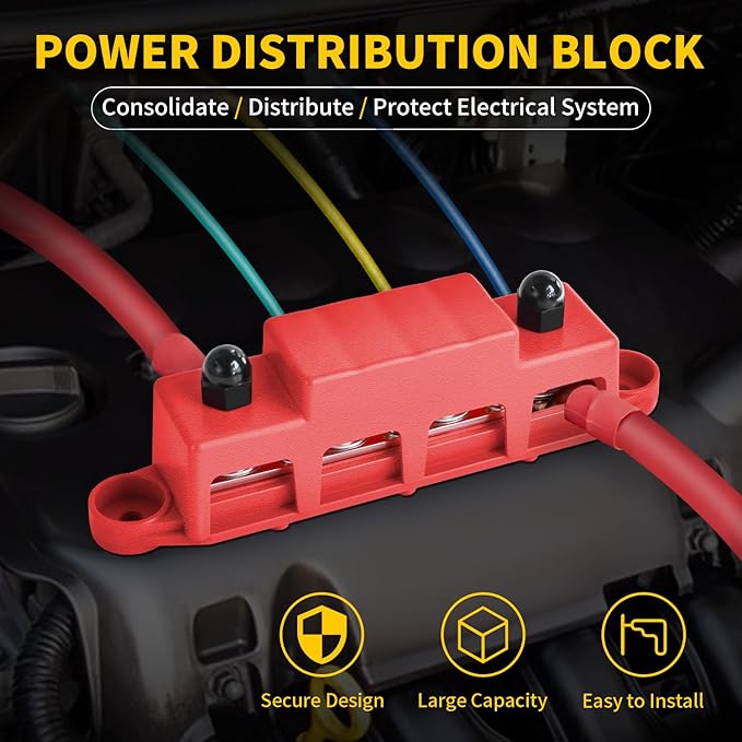 Bolipoeq Bus Bar 250A 12V Power Distribution Block 4 x 3/8"(M10) Studs for Automotive Marine Car Audio, 12 Volt Battery Busbar Terminal Block with Waterproof Cover (Pack of 2, Positive & Negative)