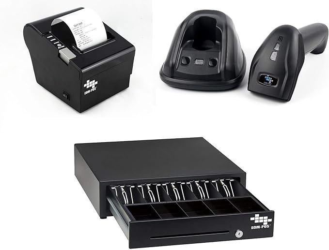 EOM-POS Heavy Duty Cash Register Drawer + Thermal Receipt Printer (80mm) + Barcode Scanner (Cordless) [Black] -for Windows Systems Only