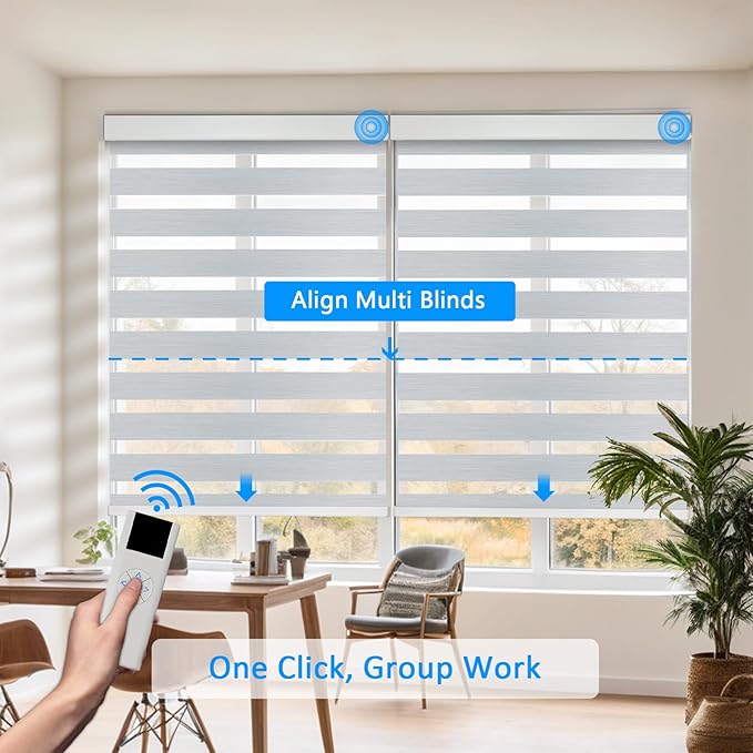COOLWINDS Motorized Zebra Blinds for Indoor Windows Cordless Electric Curtains with Remote Control Blackout Shades Custom Smart Blinds Alexa Google Home(95% Blackout Grey,Customize)
