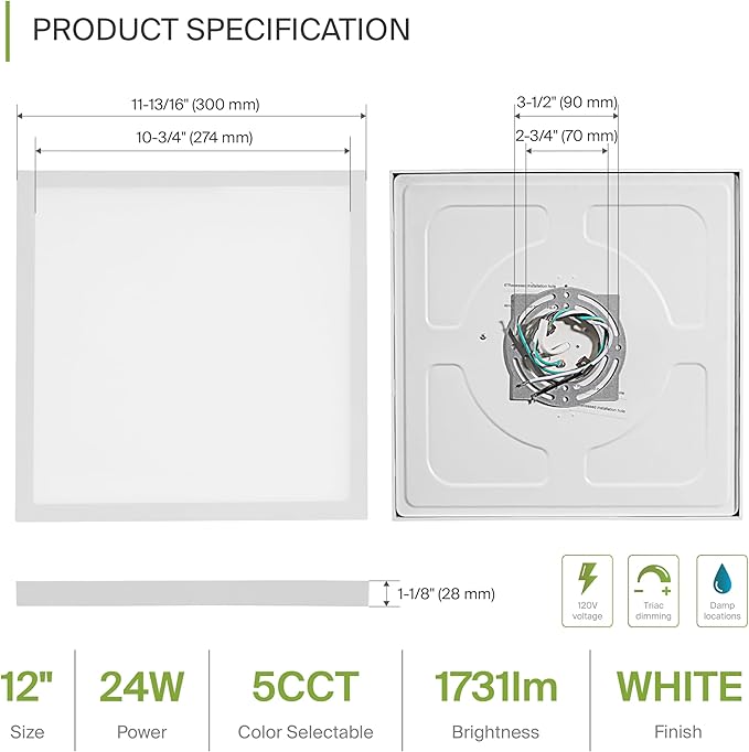 ASD LED 12" Square Flush Mount Ceiling Light Fixture, Low Profile Surface Lighting | 5CCT, Dimmable, Ultra-Thin, ETL Listed | 24W 1700LM 2700-6000K 120V | Kitchen, Hallway Lamp | White, 4 Pack
