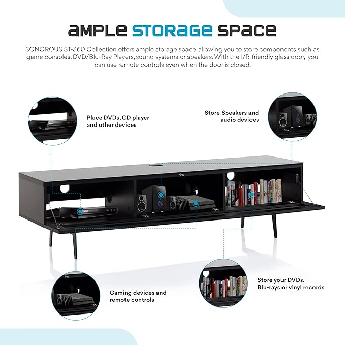 SONOROUS ST-360 Premium TV Stand for Living Room – Modern TV Stands & Entertainment Center with Storage – Black Wood & Black Glass Cover – Luxury Media Console with Metal Legs for TVs up to 75 inches