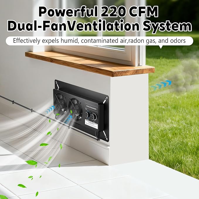 Pewoaoa 220 CFM Crawlspace Vent Fan, With Humidistat, Crawlspace Fans, For Moisture Reduction, Radon Mitigation, Freeze Protection, Ideal for Basement, Attic, Crawl Space Fan Vent(Air Out)