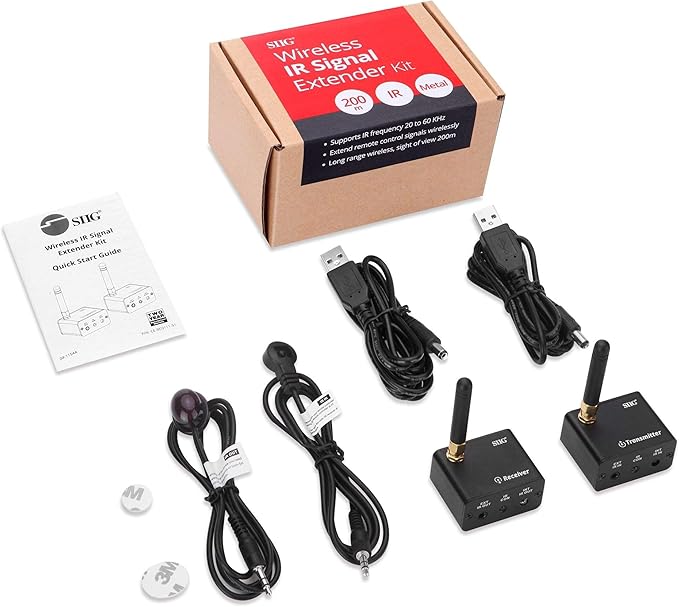 SIIG Pro Wireless IR Remote Control Extender Kit, Infrared Repeater Signal Booster, IR 20 to 60 KHz - USB Powered Transmitter and Receiver with Pairing Button - 656FT (200m) CE-RC0111-S1