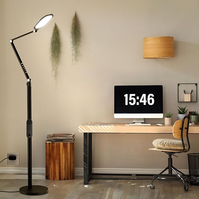 LitONES Ring Light with Stand, 15W Dimmable Zoom Lighting for Computer, Home Office, Reading, Video Calls, 66 Inches Floor Lamp with Flexible Swing Arm, AC Plug, Remote, Memory & Timer CRI >95