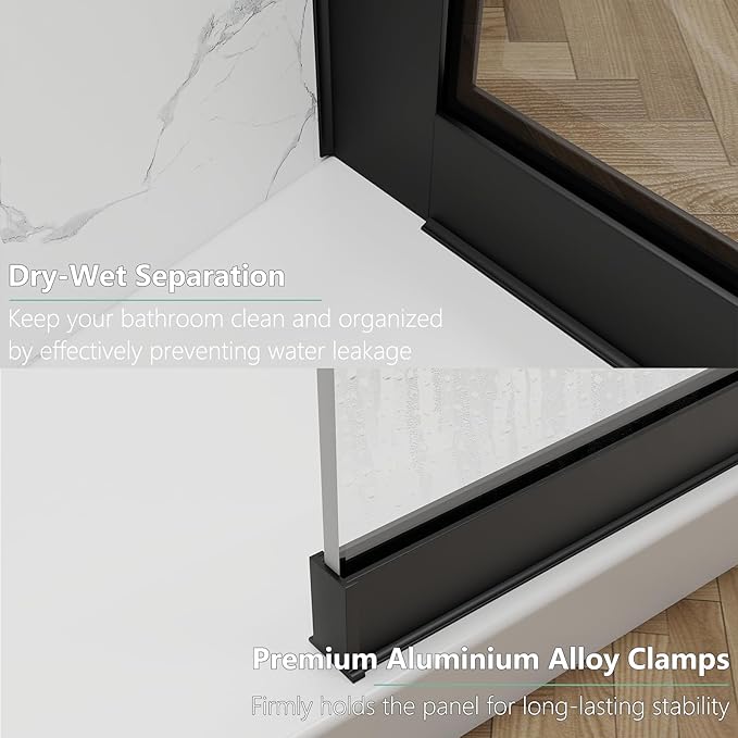 35"x74" Semi-Framed Shower Screen, Single Fixed Shower Glass Panel for Bathroom, 3/8" Tempered Glass with Dual-Sided Nano Coating, Reversible Install, Matte Black