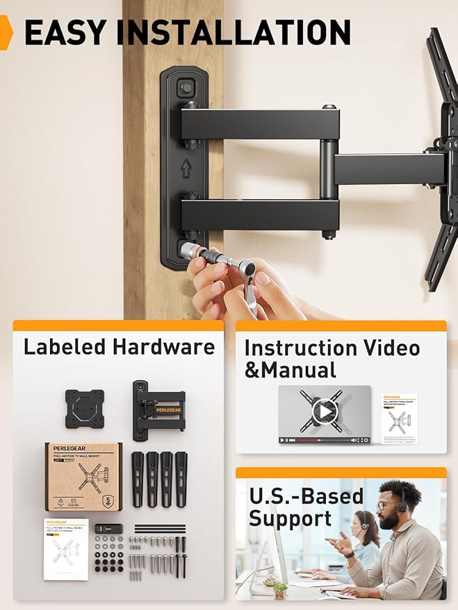 Perlegear Full Motion TV Wall Mount for Most 26–50 Inch TVs, Max VESA 300 x 300mm, TV Monitor Wall Mount Bracket with Rotation, Swivel, Tilt, Extension and Leveling Adjustment, Holds up to 55 lbs