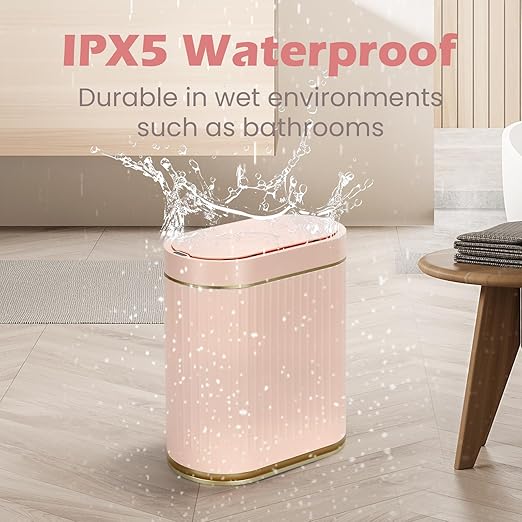Bathroom Sensor Trash Can with Lid Automatic 2 Gallon Motion Sensor Garbage Bin, 7.5 Liter Slim Waterproof Plastic Wastebasket, Bathroom Decor for Bedroom, Office, Living Room, Pink