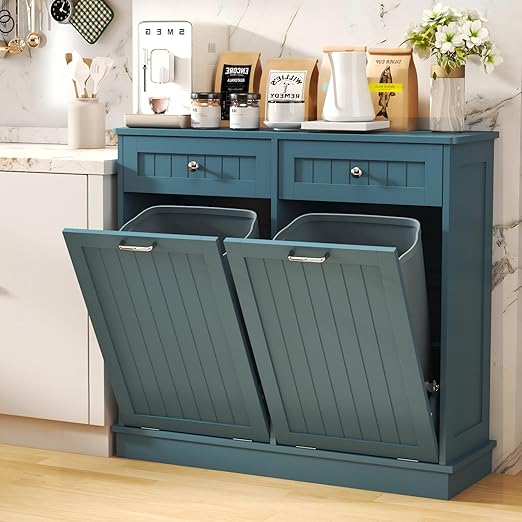 Tilt Out Trash Cabinet with Double Hidden Trash Can Holder, Kitchen Free Standing Recycling Cabinet,Dog Proof Trash Can,Wood, Teal
