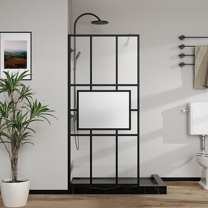 Goodyo 34” X 72” Glass Shower Door Fixed Framed Shower Screen Tempered Glass Panel for Walk-in Shower Room, Grid Pattern, Middle Frosted Glass, 3-Pieces Glass, Matte Black Finish