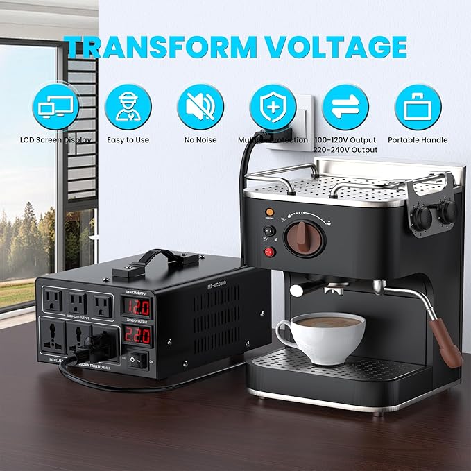 6000W Voltage Converter Transformer(110V to 220V or 220V to 110V) Step Up/Down Converter 110/120 Volt - 220/240 Volt w/US Power Cord,Circuit Breaker Protection, LCD Screen Display