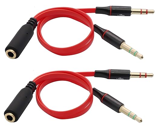 zdyCGTime 3.5mm AUX Headphone Y Splitter Cable 4-Pole 3.5mm AUX Female to 3-Pole 2x3.5mm Male Headset Mic & Stereo Audio Cable for PC Computer and Old Version Laptop Y Audio Flat Cable (20CM) (Red)