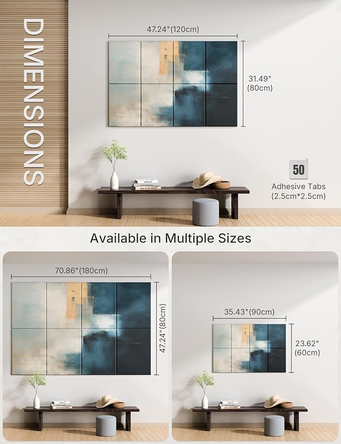 Wall Art Acoustic Panels,47''X31''Sound Absorbing Panels-8-Pack with 50 Adhesive Tabs, Decorative Sound Absorbing Panels for Living Room and Recording Studio, Offices-Azure Horizon