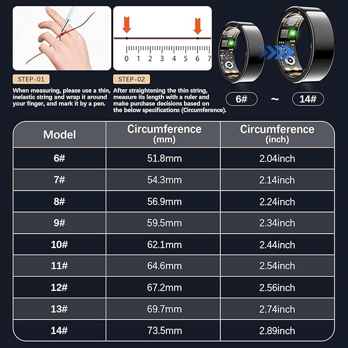 Smart Health Ring for Women Men, Fitness Tracker Ring with Heart Rate, Blood Oxygen, Sleep Tracker, Step Tracker, No Subscription Fee, IP68 Waterproof Smart Ring for iphone & Android (Black, 11#)