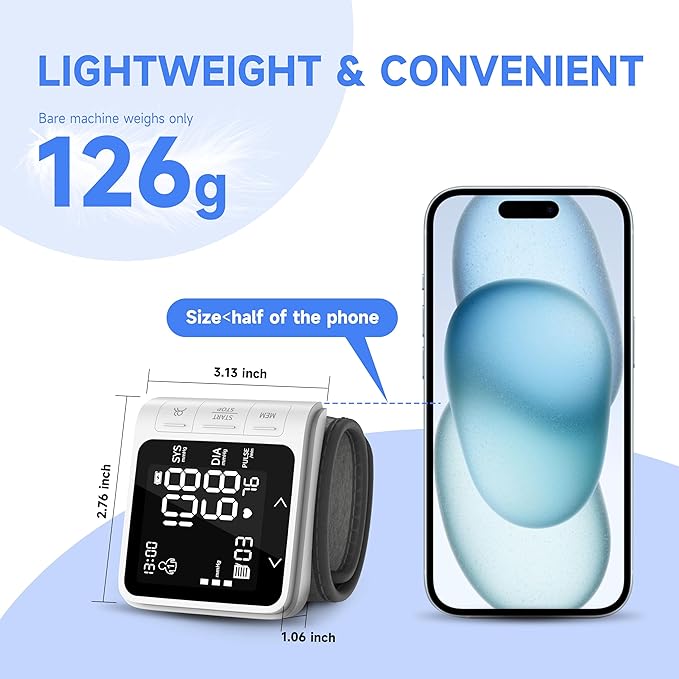 VivaGuard Wrist Blood Pressure Monitor for Home Use, LCD Backlit Dispaly BP Machine Automatic Digital Wrist Blood Pressure Cuff with Heartbeat Detector, 2 * 99 Memory, Carrying Case, 2 AAA Batteries