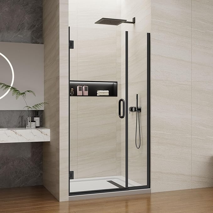 Pivot Swing Shower Door, Adjustable Width 40" W x 74" H Semi-Frameless Shower Glass Door with 5/16 in (8mm) Clear SGCC Tempered Glass with Nano Easy-Clean Coating (Matte Black)