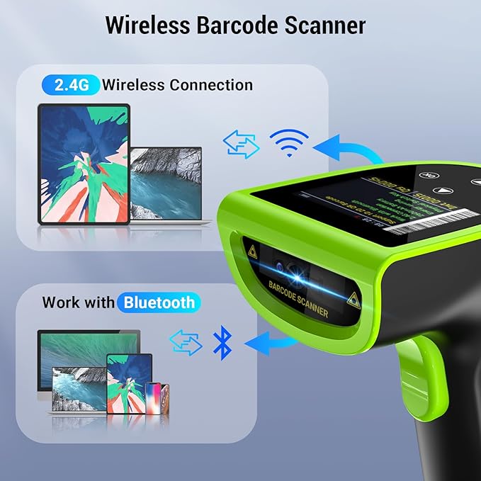 Tera Barcode Scanner Wireless with Screen: Pro Version 1D 2D QR with Digital Setting Keypad Power Switch Charging Cradle Works with Bluetooth 2.4G Wireless Bar Code Reader HW0015 Green