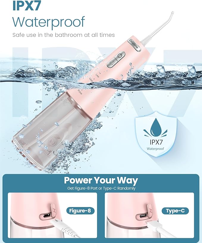 Onlyone Water Dental Flosser Pick for Teeth, 300ML Portable Oral Irrigator, Rechargeable Travel Irrigation Cleaner, Professional Electric Flossing Machine Birthday Gifts for Women,Mom,Girlfriend Pink