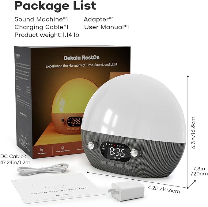 Dekala RestOnn Sunrise Alarm Clock Sunset Sound Machine 7-Day Programmable Loud Dual Alarm Clock, White Noise Natural Sounds for Sleeping Bluetooth Speaker Amber Night Light