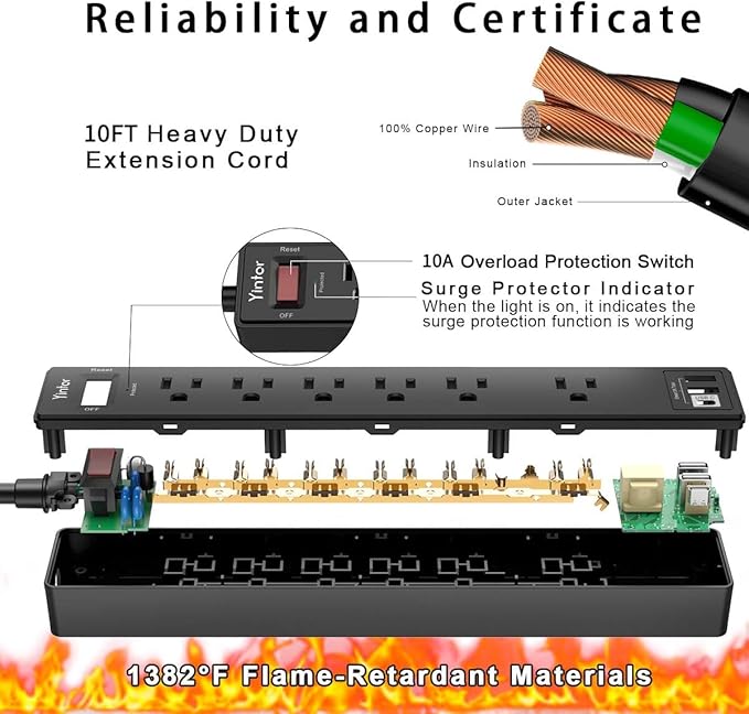 10 Ft Power Strip Surge Protector - Yintar Extension Cord with 6 AC Outlets and 3 USB Ports for Home, Office, Dorm Essentials, 1680 Joules, ETL Listed, Black