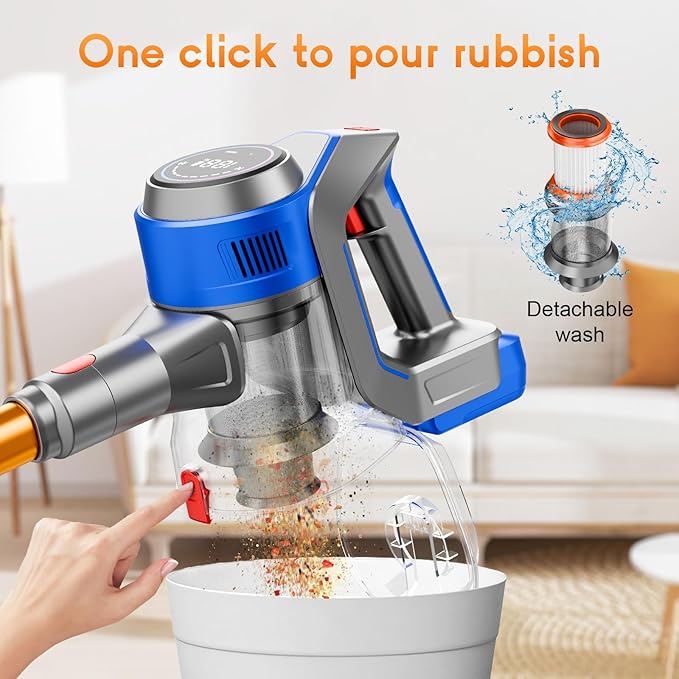 BSNAW Cordless Stick Vacuum Cleaner - Rechargeable, 35Kpa Powerful Vacuums with Detachable Battery, LED Display, 45Mins Runtime, 8 in 1 Handheld Vacuum for Hardfloor & Carpets Pet Hair, Blue
