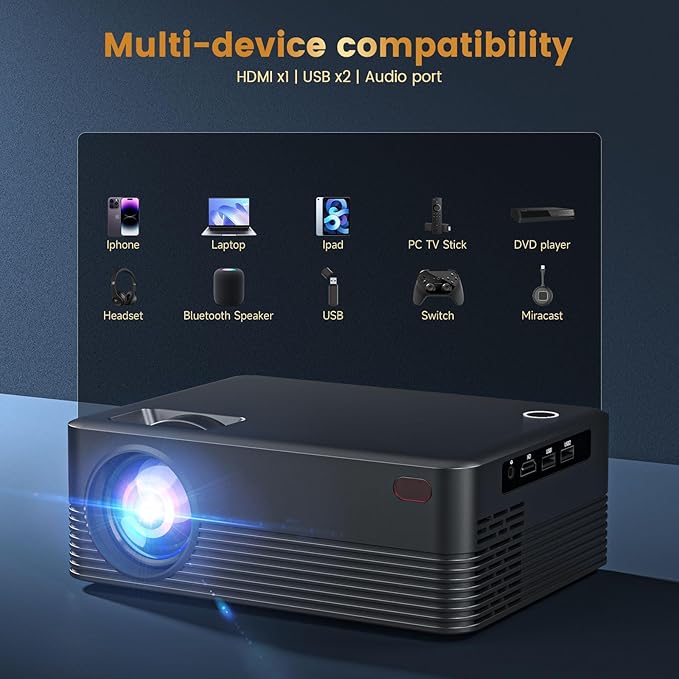 Mini Projector, H5 Portable Video Projector with WiFi & Bluetooth, Movie Projector Supports 8K with Android System, Auto Keystone Correction, 40"-200" Screen Video Projector, with HDMI Cable