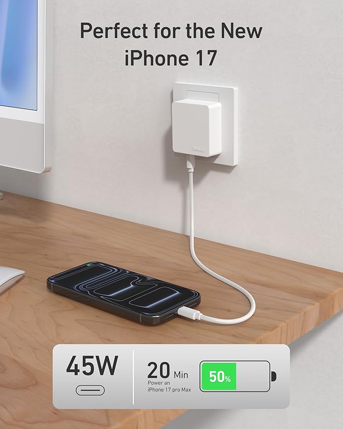 Nekmit Flat USB C Wall Charger, 45W Dual Port PPS Fast USB Charger Block, Slim USB C Wall Plug for iPhone 17/16 and More Series, MacBook Air, iPad