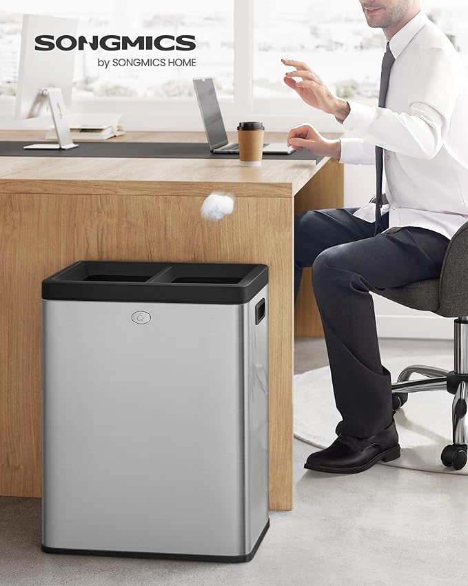 SONGMICS 2 x 6.6 Gallon Open Top Trash Can, Dual Compartment Garbage Can for Waste and Recycling, Stainless Steel, Trash Bin for Office, Restaurant, Commercial Use, Metallic Silver ULTB710E50