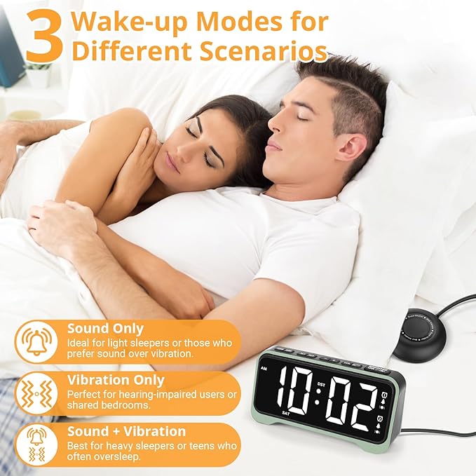 Loud Alarm Clock for Heavy Sleepers Adults/Kids, Dual Vibrating Alarm Clock Bed Shaker for Hearing Impaired/Deaf, 7.5’’ Large Display with Dimmer, Weekday/Weekend Mode, Nightlight, USB Port, Snooze