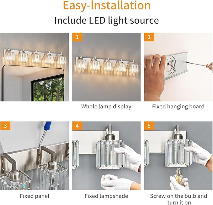 FDPBY Modern Bathroom Vanity Light 5-Lights Brushed Nickel Vanity Light Crystal Wall Light Bathroom Light Fixtures