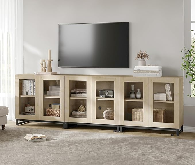 WAMPAT Modern TV Stand with Glass Doors for 110 inch TVs, 3 in 1 Entertainment Center Console with Adjustable Shelves and Metal Base for Living Room, Bedroom, Light Oak