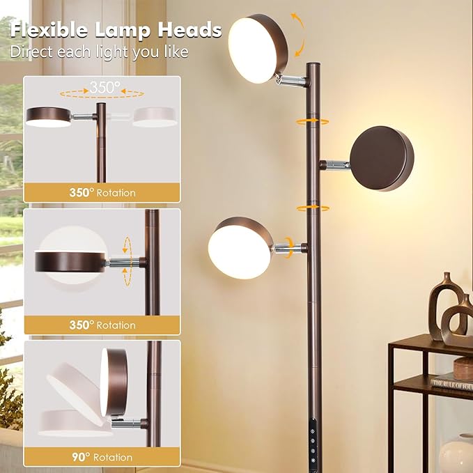 Benaep Tree Floor Lamp for Living Room - Modern Brown Standing Lamp, LED Floor Light with Remote & Touch, 3000K-6000K Dimmable for Bedroom Office Reading (3 Head)