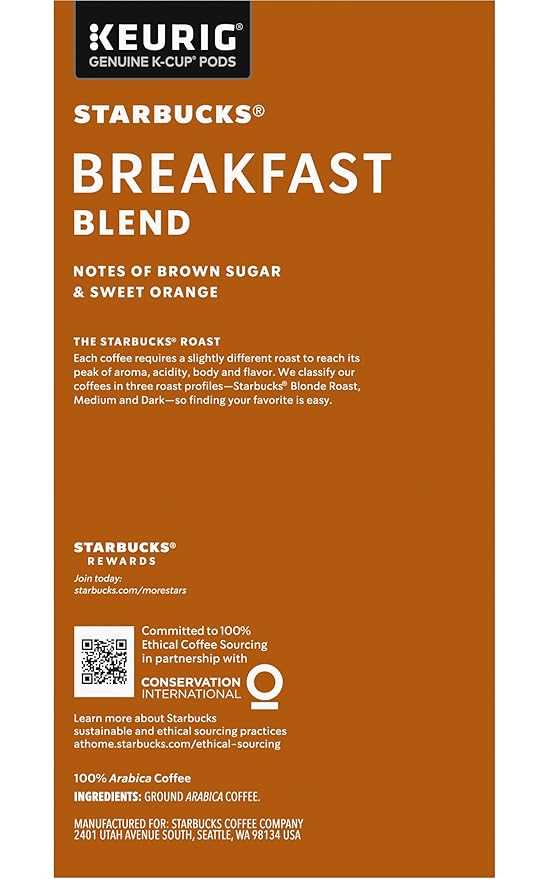 Starbucks Coffee K-Cup Pods, Breakfast Blend, Medium Roast Coffee, Notes of Brown Sugar & Sweet Orange, Keurig Genuine K-Cup Pods, 32 CT K-Cups/Box (32 Count (Pack of 2))