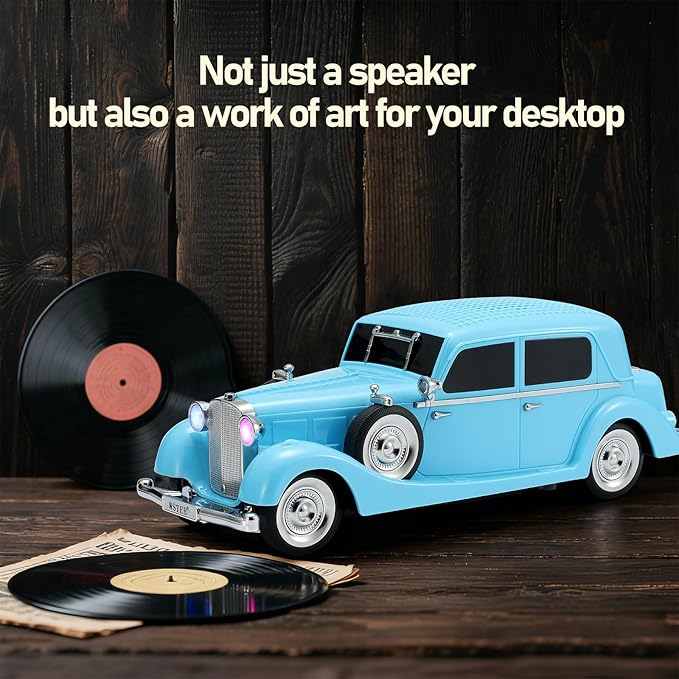 WSTER WS-1934 Retro Classic Car Bluetooth Replica Speaker – Wireless HD Sound with FM Radio,TWS Stereo,LED Party Lights,Built-in Microphone Hands-Free Call, Surprise Portable Gift for Party Use(Blue)