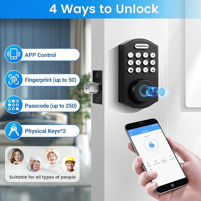 KNOBWELL Fingerprint Door Lock, Smart Keypad Deadbolt, Keyless Entry Lock for Front Door - Auto Lock - Easy Installation - Matte Black