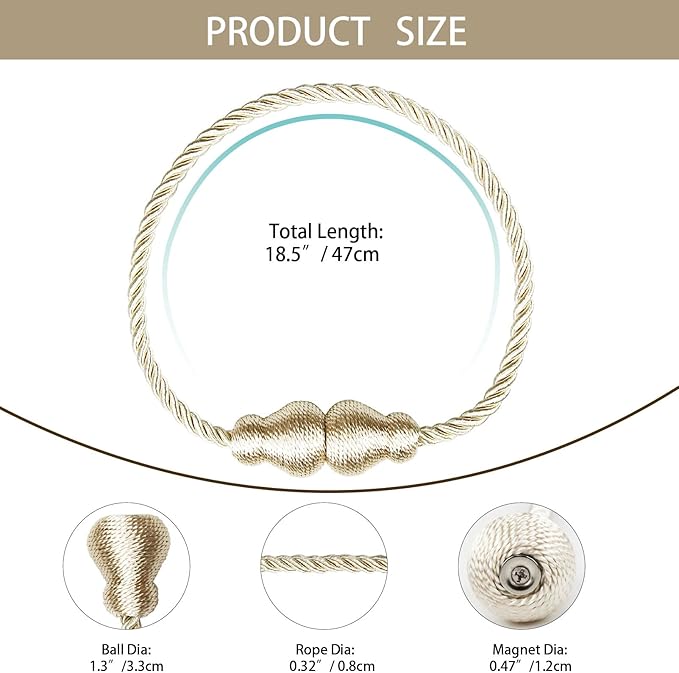 Nieffeiy Magnetic Curtain Tiebacks Outdoor Curtain Tie Backs Rope Decorative Magnetic Curtain Holders for Drapes Window Treatment Holdbacks, Beige 2Pack
