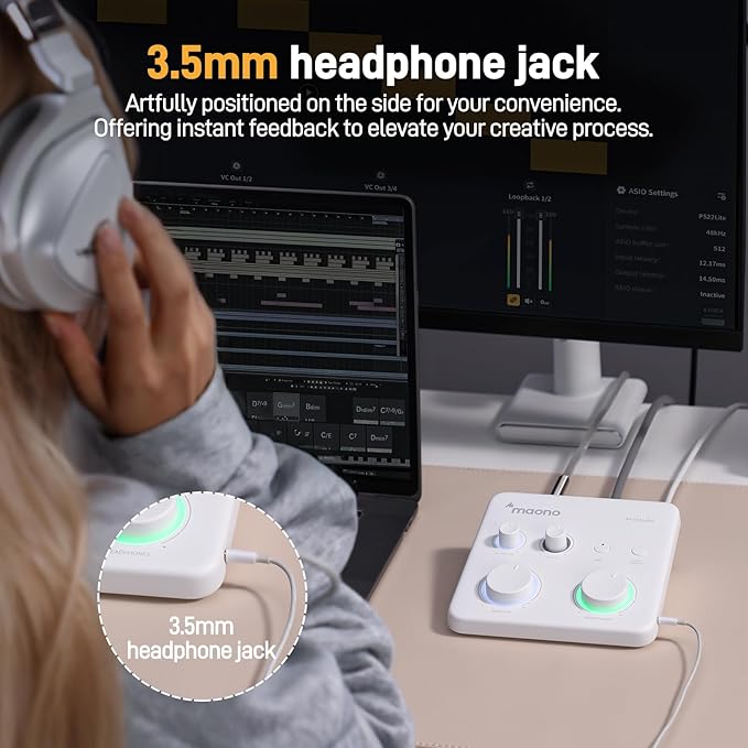 MAONO USB Audio Interface for PC: Interface with XLR Input 24-bit/192kHz Routing Software LOOPBACK ASIO Driver for Recording Music, Home-Studio, Guitar, Podcast, Streaming, DAW(PS22 Lite White)