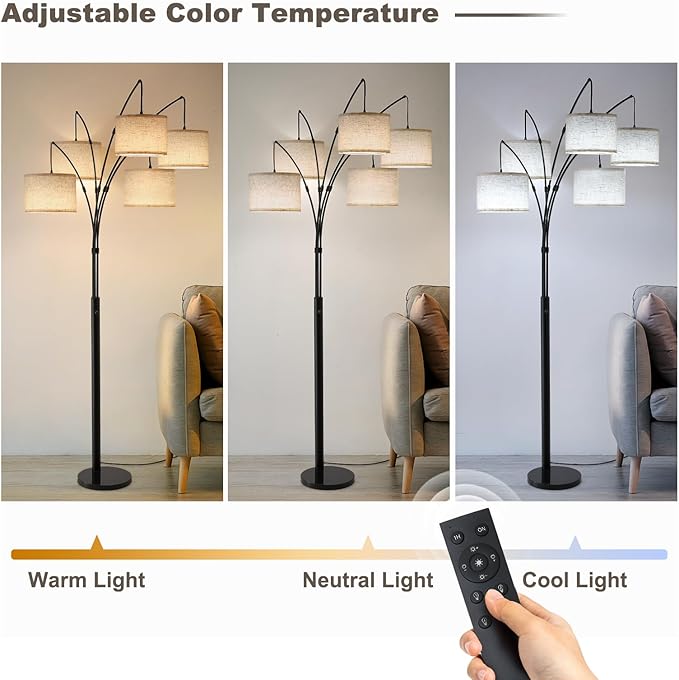 Fansdrick Floor Lamps for Living Room, 4000LM Super Bright Arc Floor Lamp with Remote Control, 5 Light Tall Floor Lamps with Stepless Dimmable, 80" Mid Century Tree Floor Lamp for Bedroom, Office