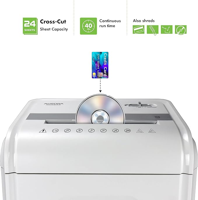 Aurora Heavy Duty Anti-Jam 24-Sheet Crosscut Shredder/40 Min Run Time/ 7-Gallon Pullout Basket, White/Grey