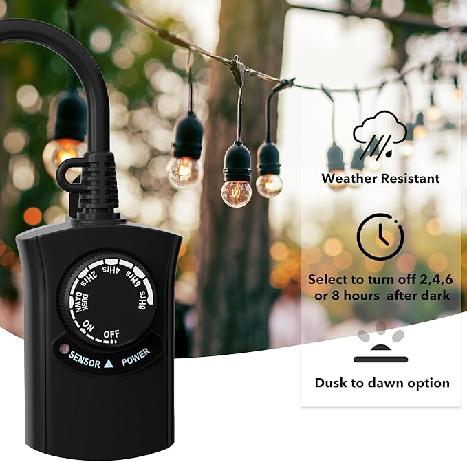 HBN Outdoor Light Timer Waterproof, Weatherproof Photocell Dusk to Dawn Light Sensor, 2/4/6/8 Countdown Timer, 1 Grounded Outlet for Christmas Lights，Hallowen Deceration，1875W 15A 1/2HP（2 Pack）