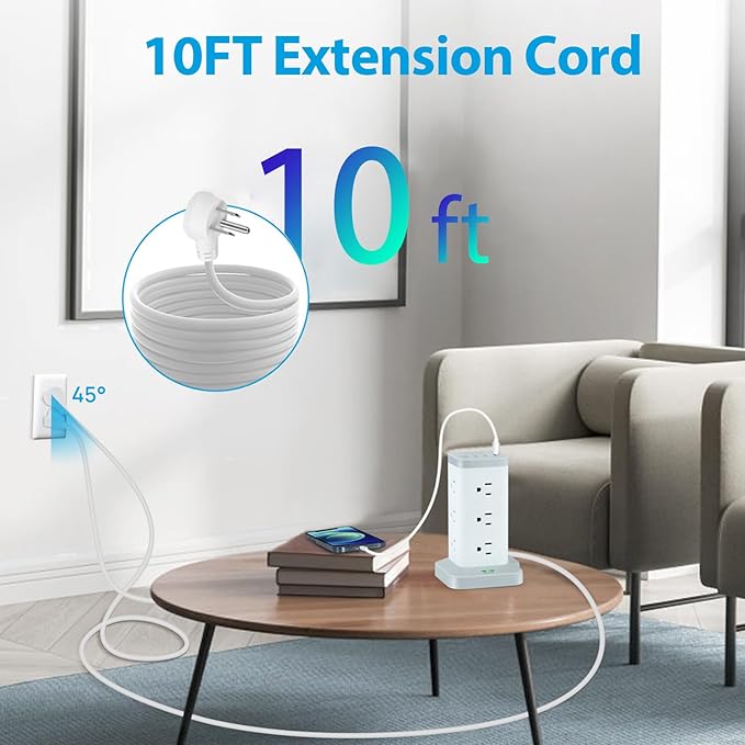 BEVA Power Strip Tower with USB Ports, 16 in 1 Surge Protector Tower, 12 AC and 4USB Ports, 10 FT Extension Cord with Multiple Outlets, Power Tower Charging Station for Office Supplies（White）