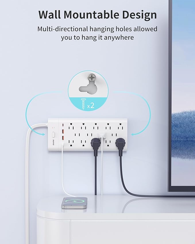 Surge Protector Power Strip Outlet Extender with 14 Outlets and 4 USB Ports (2 USB C), 6 Ft Flat Plug Extension Cord, 1700 Joules, Wall Mount for Home, Office, Dorm, White