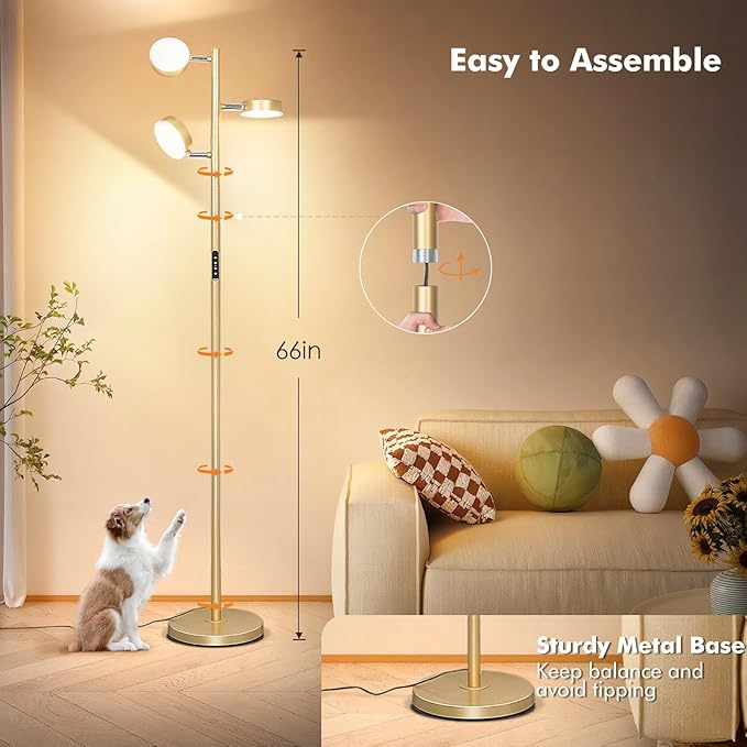 Benaep Tree Floor Lamp for Living Room - Modern Glod Standing Lamp, LED Floor Light with Remote & Touch, 3000K-6000K Dimmable for Bedroom Office Reading (3 Head)