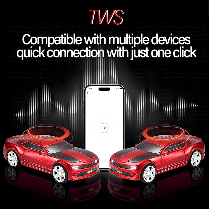 WSTER Sports Car Model Bluetooth Speaker with Stereo Sound, TWS Pairing, LED Party Lights, USB/TF Playback, Movable Wheels, Unique Retro Car Gifts (RED)