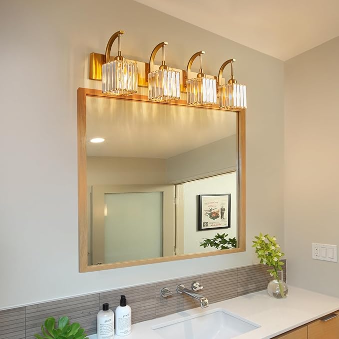 FDPBY Crystal Vanity Lights 4-Light Gold Bathroom Vanity Lights Modern Crystal Bathroom Light Fixtures Over Mirror 32.67" Long Vanity Light for Bathroom