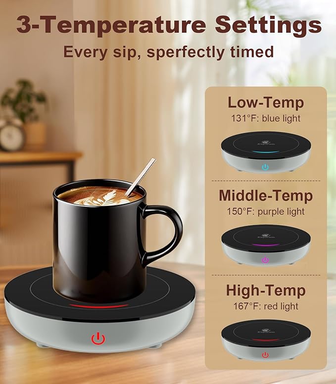 Kepwam Coffee Mug Warmer for Desk, 3-Temp Fast Heating Cup Warmer with 6H Auto Shut Off, LED Light & Smart Candle Warmer for All Beverages, Ideal Gifts for Women Men