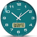 TIMESS Wall Clock, 10" Dial Non-Ticking Silent Battery Operated Analog with LCD Display for Perpetual Calendar and F° Temperature, Ideal Modern Home, Office Decor (Green)