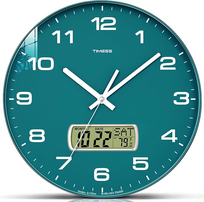 TIMESS Wall Clock, 12" Dial Non-Ticking Silent Battery Operated Analog with LCD Display for Perpetual Calendar and F° Temperature, Ideal Modern Home, Bedroom, Kitchen, Office Decor (Green)